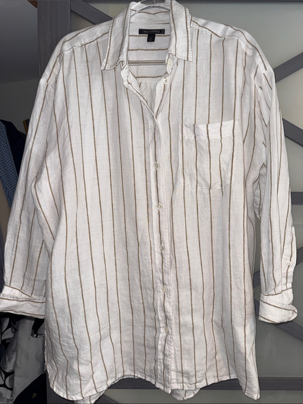 Banana Republic XL 100% Linen Oversized Shirt White Tan Stripe Button Down
